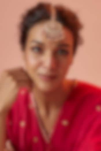 Gold Finish Yellow Kundan Polki & Maroon Stone Maangtikka by ASHNEE at Pernia's Pop Up Shop