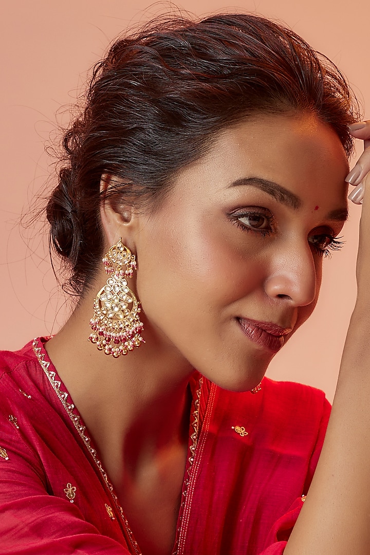 Gold Finish Yellow Kundan Polki Dangler Earrings by ASHNEE at Pernia's Pop Up Shop