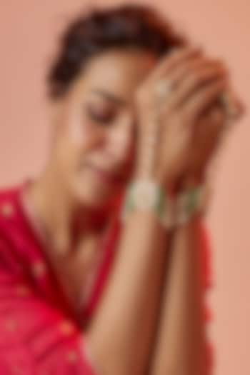 Gold Finish Yellow Kundan Polki & Mint Pearl Hathphools (Set Of 2) by ASHNEE at Pernia's Pop Up Shop