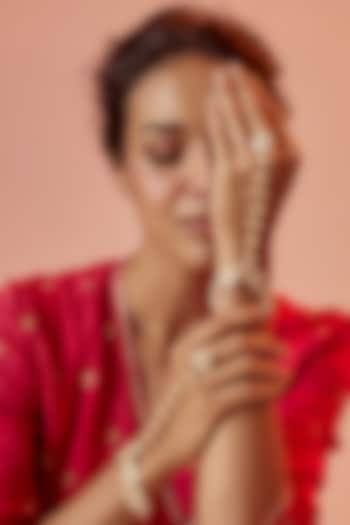 Gold Finish Yellow Kundan Polki & Pearl Hathphools (Set Of 2) by ASHNEE at Pernia's Pop Up Shop