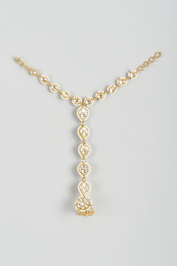 Gold Finish Yellow Kundan Polki Hathphools (Set Of 2) by ASHNEE at Pernia's Pop Up Shop