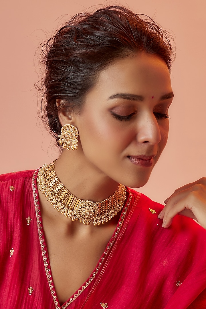 Gold Finish Kundan Polki Necklace Set by ASHNEE at Pernia's Pop Up Shop