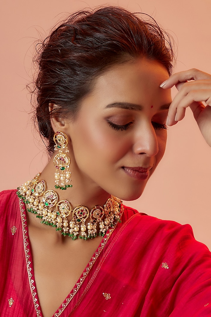 Gold Finish Kundan Polki Necklace Set by ASHNEE at Pernia's Pop Up Shop