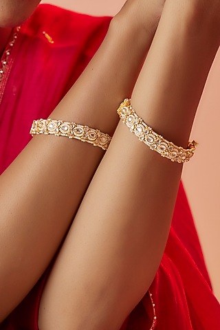 Gold Finish Kundan Polki Bangles (Set of 2) by ASHNEE