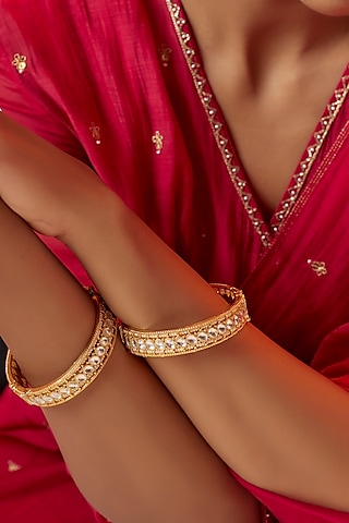 Gold Finish Kundan Polki Bangles (Set of 2) by ASHNEE