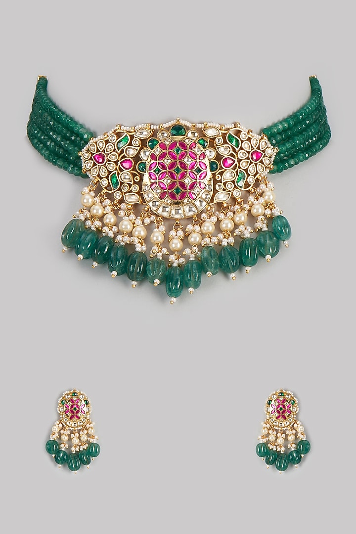 Gold Finish Green Beads & Kundan Polki Choker Necklace Set by ASHNEE at Pernia's Pop Up Shop