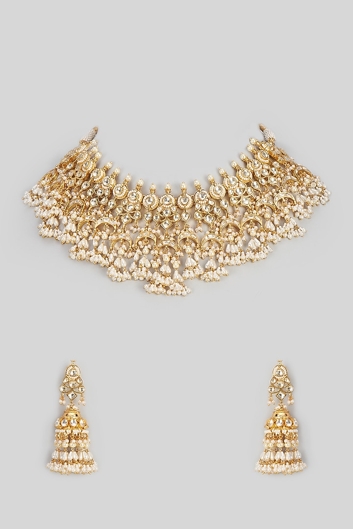 Gold Finish Kundan Polki & Pearl Choker Necklace Set by ASHNEE at Pernia's Pop Up Shop