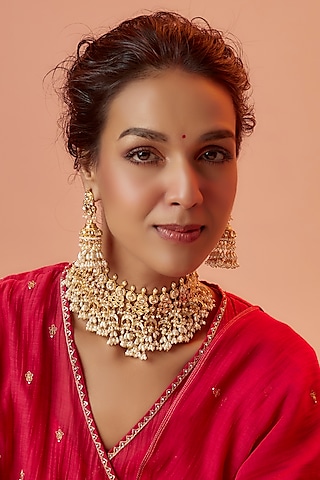 Gold Finish Kundan Polki & Pearl Choker Necklace Set by ASHNEE
