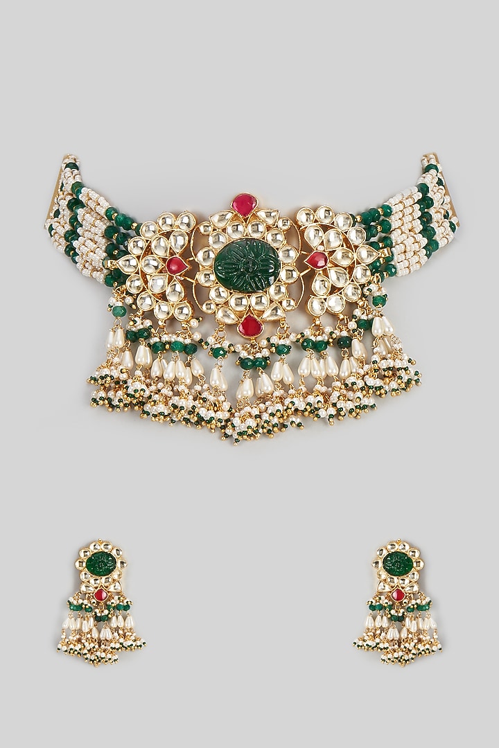 Gold Finish Green Beads & Kundan Polki Choker Necklace Set by ASHNEE at Pernia's Pop Up Shop