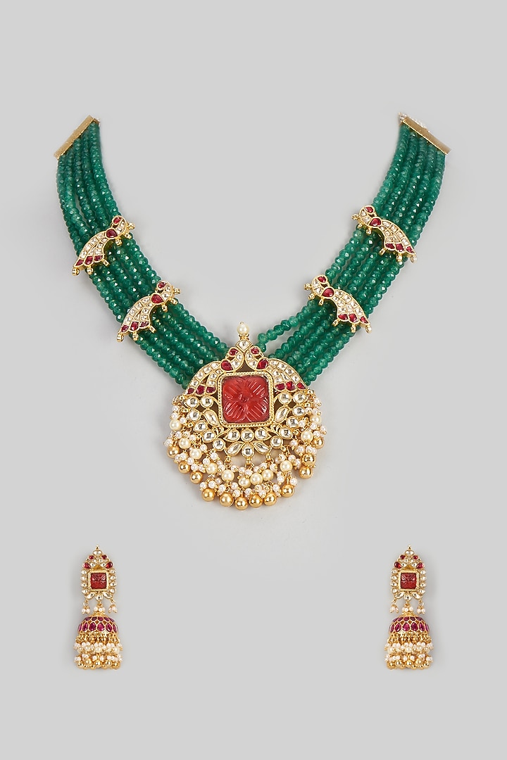 Gold Finish Red Stone & Kundan Polki Choker Necklace Set by ASHNEE at Pernia's Pop Up Shop