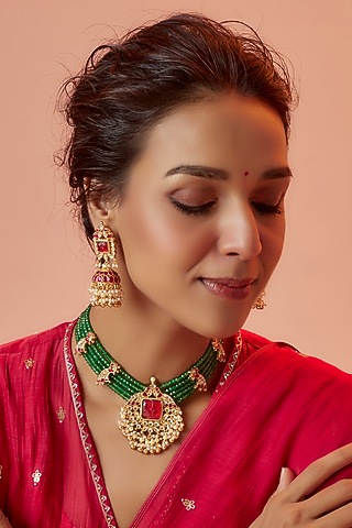 Gold Finish Red Stone & Kundan Polki Choker Necklace Set by ASHNEE