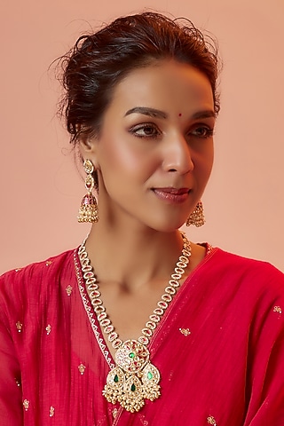 Gold Finish Red Stone & Kundan Polki Mala Set by ASHNEE