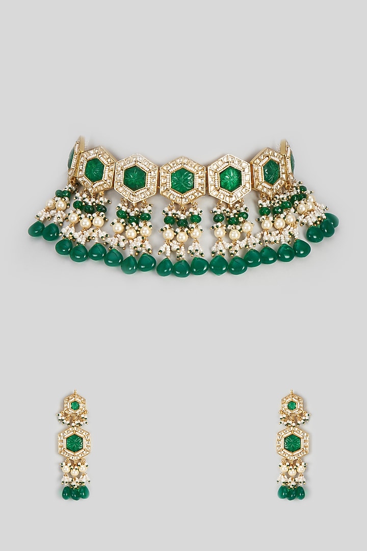 Gold Finish Green Beads & Kundan Polki Choker Necklace Set by ASHNEE at Pernia's Pop Up Shop