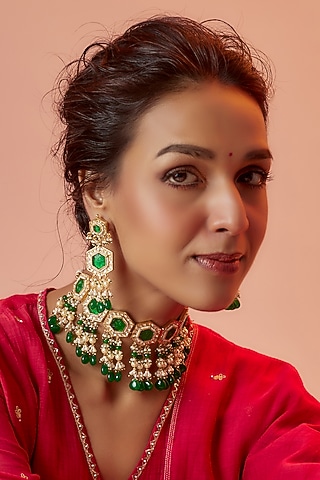 Gold Finish Green Beads & Kundan Polki Choker Necklace Set by ASHNEE