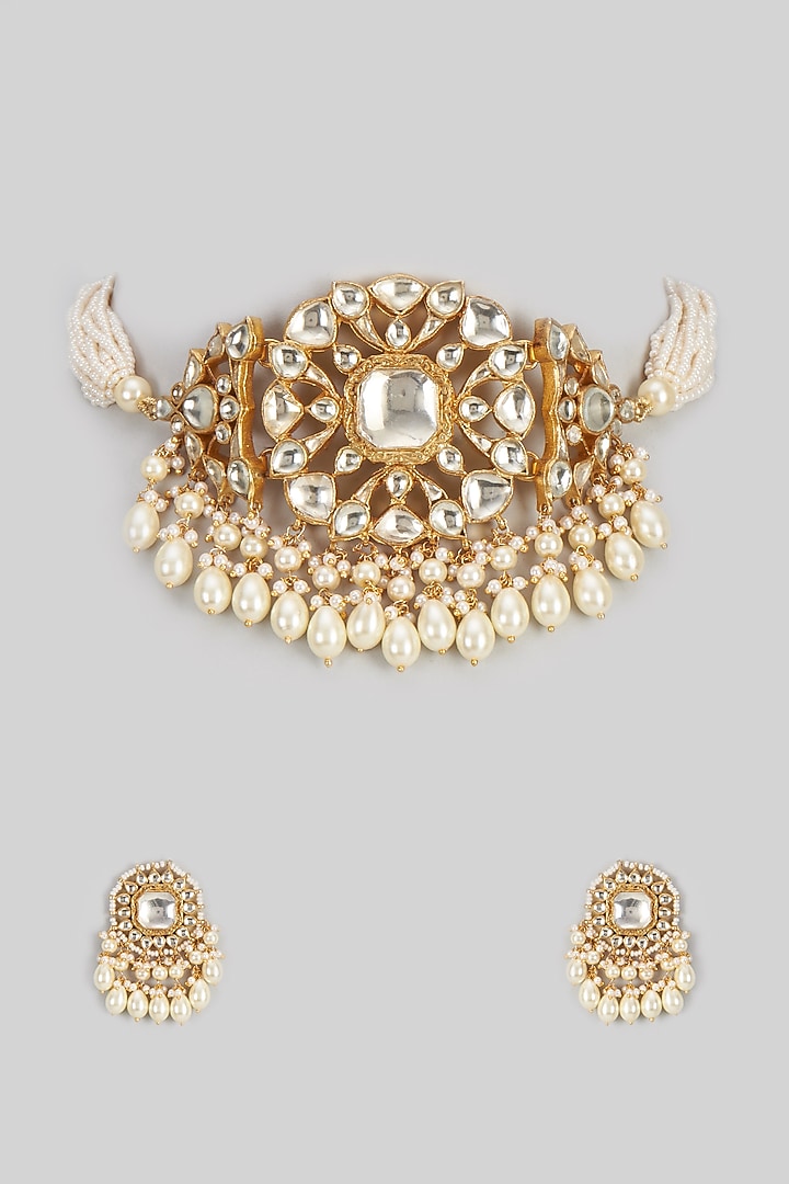 Gold Finish Pearl & Kundan Polki Choker Necklace Set by ASHNEE at Pernia's Pop Up Shop