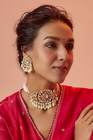 Gold Finish Pearl & Kundan Polki Choker Necklace Set by ASHNEE