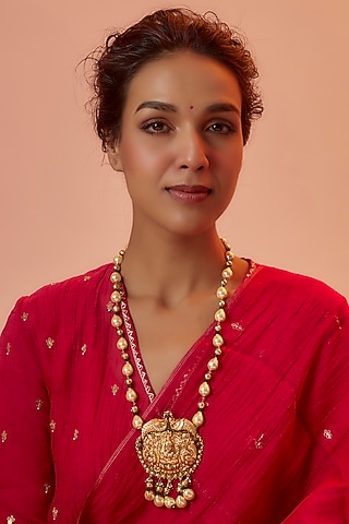 Gold Finish Temple Mala In Sterling Silver by ASHNEE