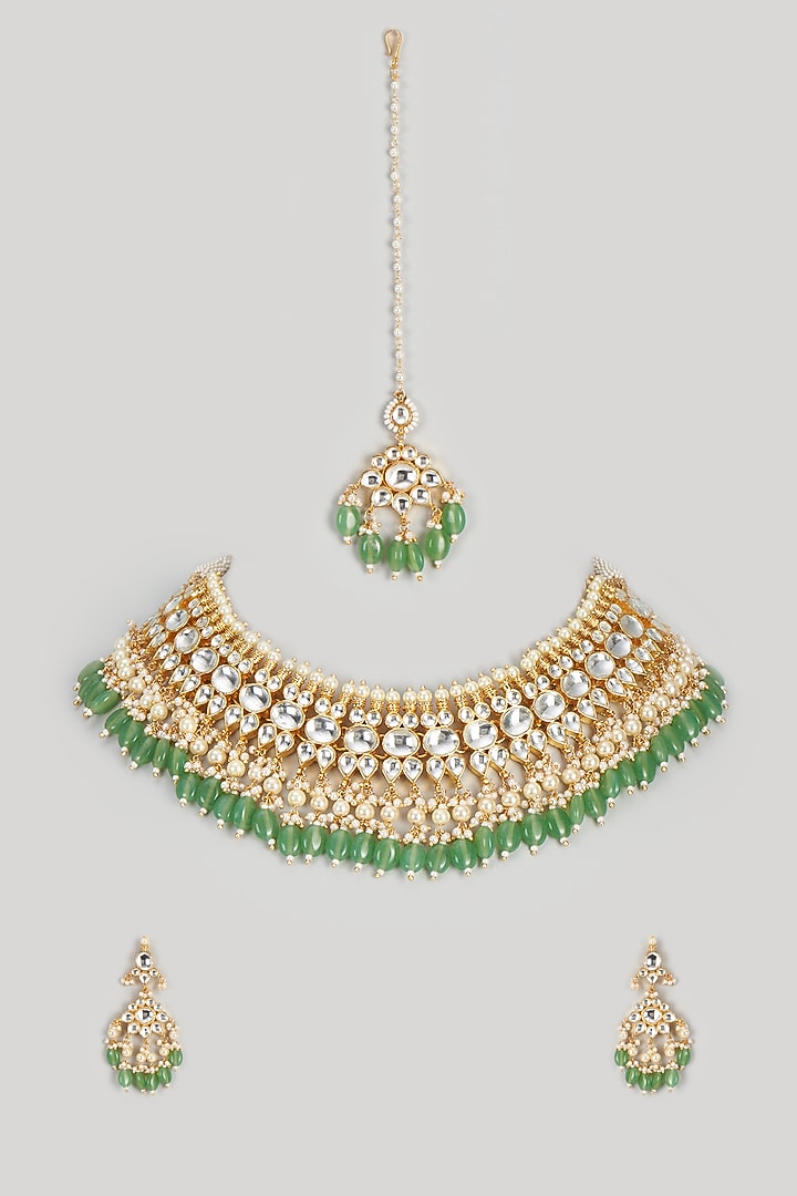 Gold Finish Pearl & Kundan Polki Choker Necklace Set by ASHNEE at Pernia's Pop Up Shop