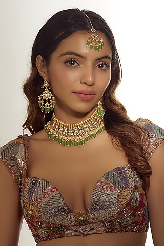 Gold Finish Pearl & Kundan Polki Choker Necklace Set by ASHNEE