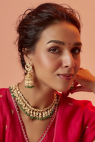 Gold Finish Kundan Polki Choker Necklace Set by ASHNEE