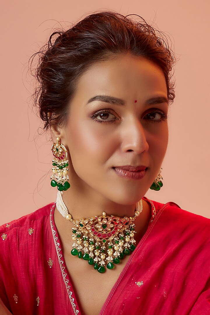 Gold Finish Kundan Polki Choker Necklace Set by ASHNEE at Pernia's Pop Up Shop