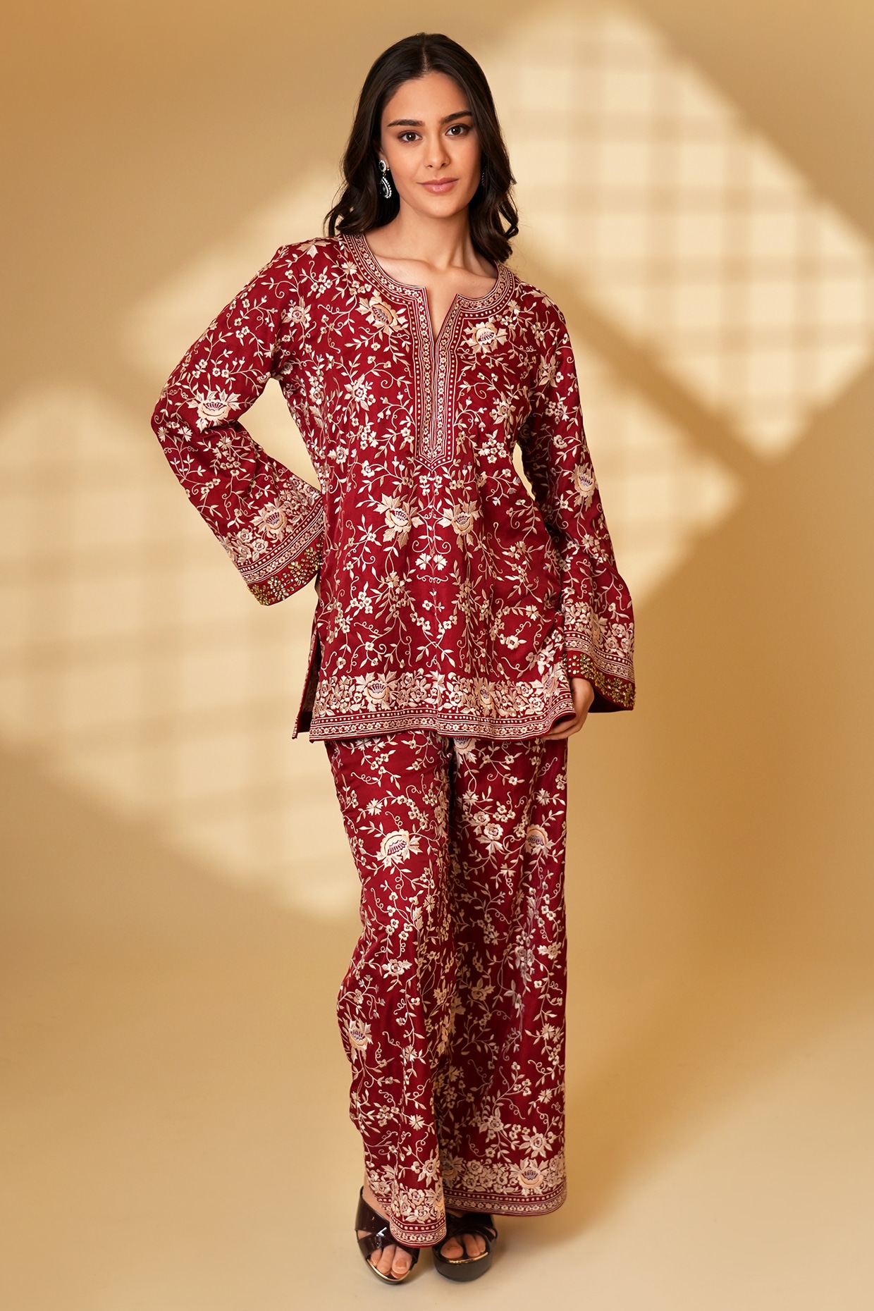 Ashtar Rouge-Colored Pure Silk Kundan Hand Embroidered Kurta Set