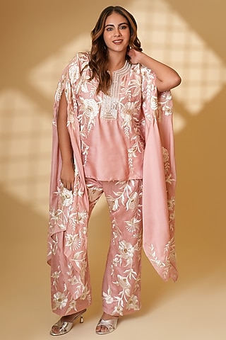 Jaipuri Pink Pure Silk Hand Embroidered Kaftan Set by Ashtar