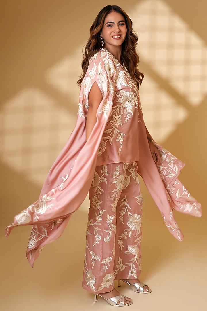 Jaipuri Pink Pure Silk Hand Embroidered Kaftan Set by Ashtar at Pernia's Pop Up Shop