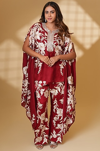 Bengal Rouge Pure Silk Hand Embroidered Kaftan Set by Ashtar