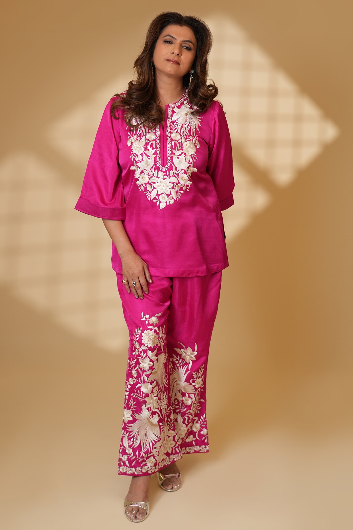 Ashtar Rani Pink Pure Silk Parsi Gara Embroidered Kurta Set