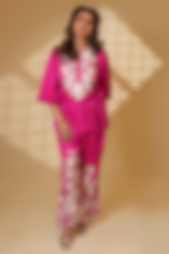 Rani Pink Pure Silk Parsi Gara Embroidered Kurta Set by Ashtar at Pernia's Pop Up Shop