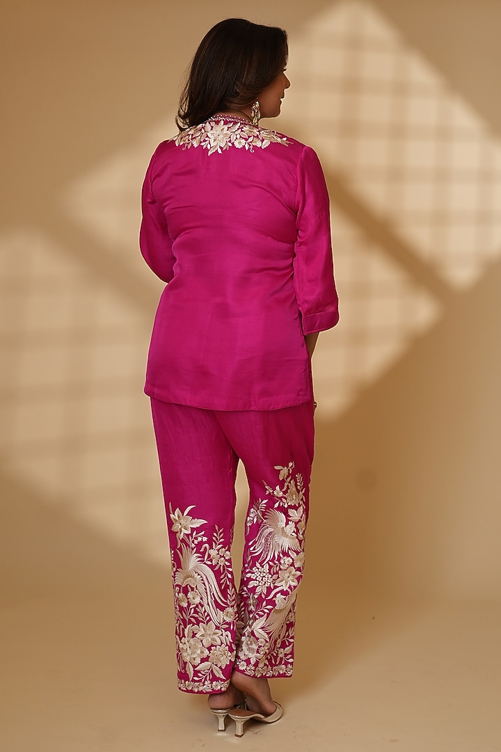 Rani Pink Pure Silk Parsi Gara Embroidered Kurta Set by Ashtar at Pernia's Pop Up Shop