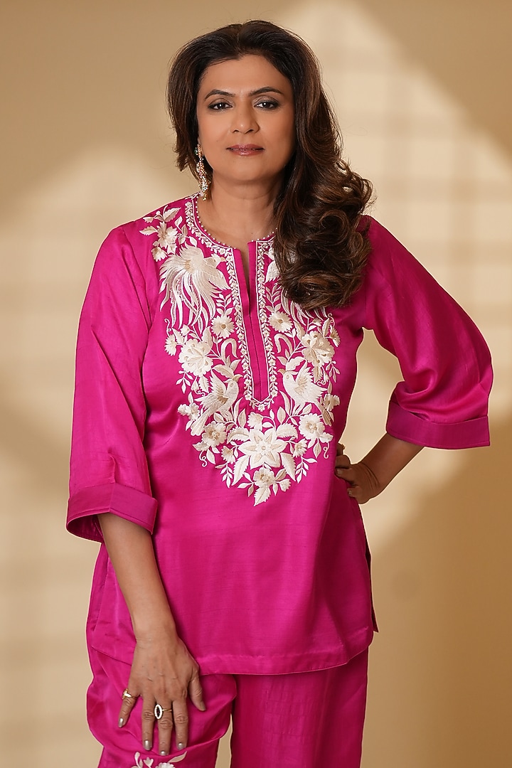 Rani Pink Pure Silk Parsi Gara Embroidered Kurta Set by Ashtar at Pernia's Pop Up Shop