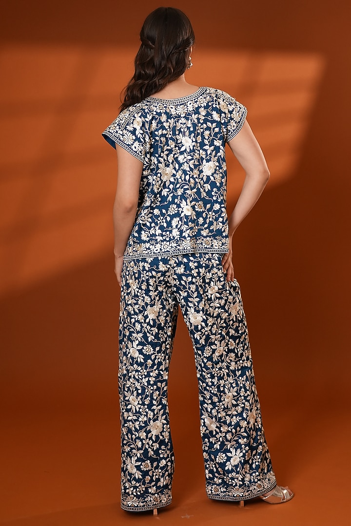 Teal Pure Silk Floral Embroidered Co-Ord Set by Ashtar at Pernia's Pop Up Shop