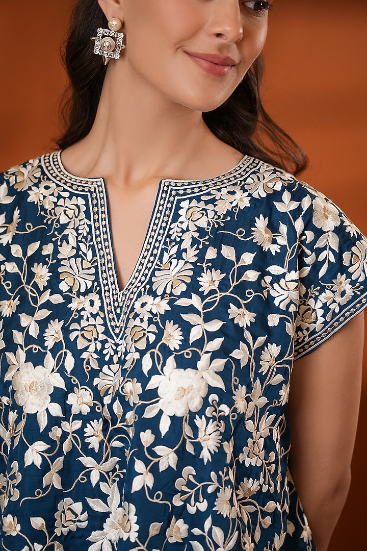 Teal Pure Silk Floral Embroidered Co-Ord Set by Ashtar at Pernia's Pop Up Shop