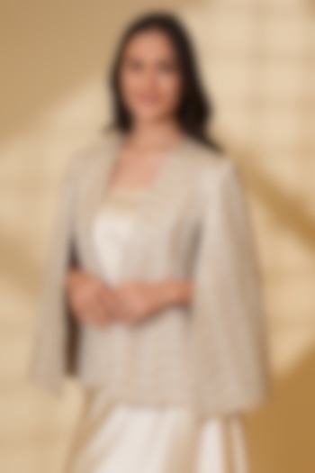 Beige Pure Silk Pearl Hand Embroidered Cape by Ashtar at Pernia's Pop Up Shop