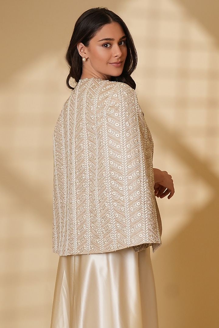 Beige Pure Silk Pearl Hand Embroidered Cape by Ashtar at Pernia's Pop Up Shop