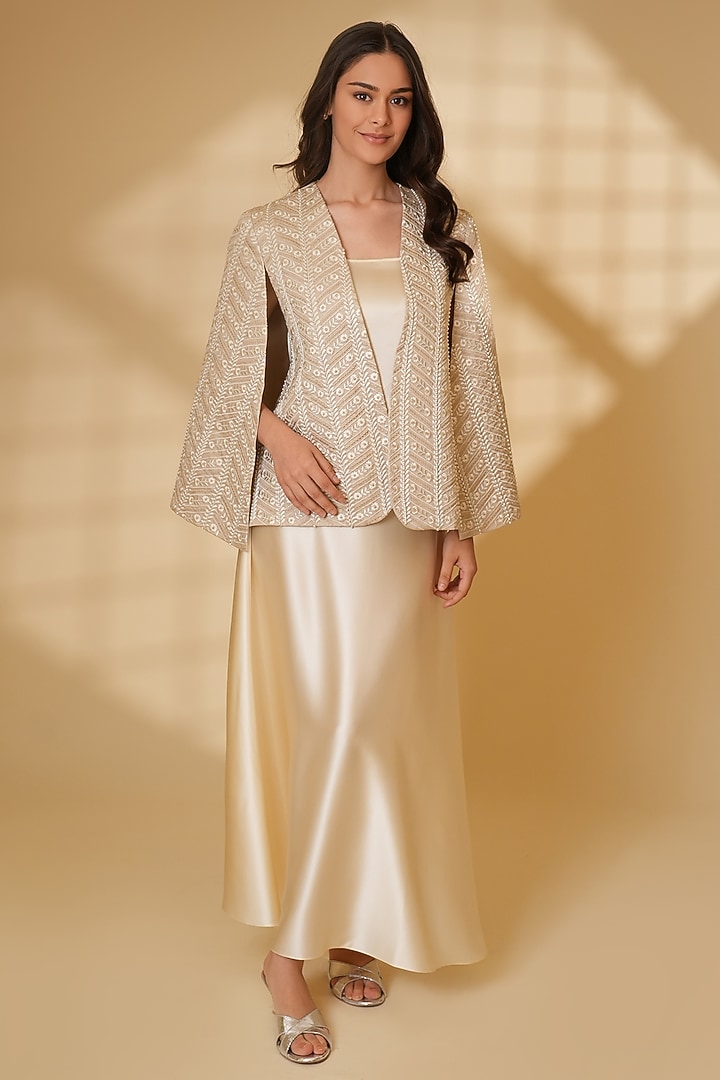 Beige Pure Silk Pearl Hand Embroidered Cape by Ashtar at Pernia's Pop Up Shop