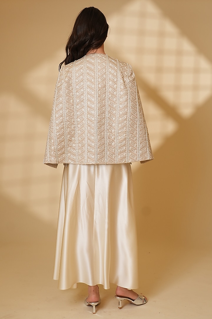 Beige Pure Silk Pearl Hand Embroidered Cape by Ashtar at Pernia's Pop Up Shop