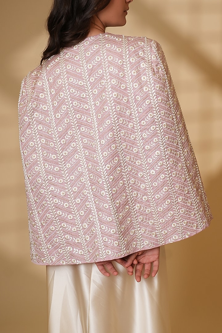 Blush Pink Pure Silk Pearl Hand Embroidered Cape by Ashtar at Pernia's Pop Up Shop