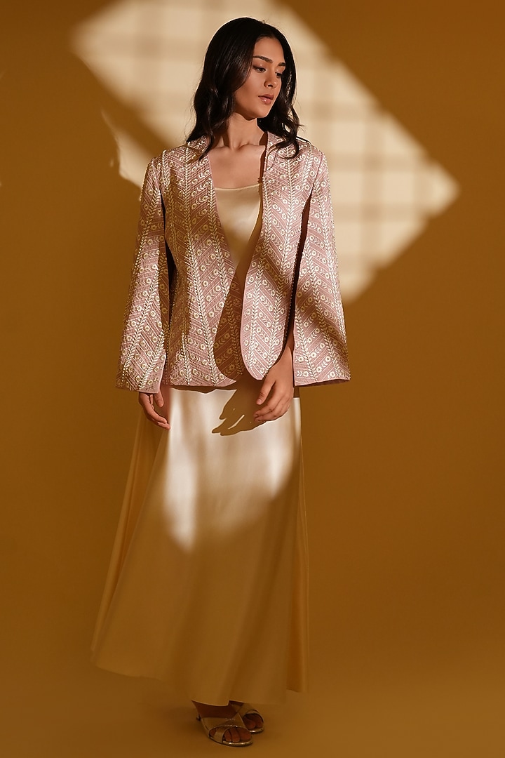 Blush Pink Pure Silk Pearl Hand Embroidered Cape by Ashtar at Pernia's Pop Up Shop