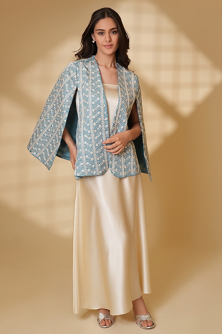 Powder Blue Pure Silk Pearl Hand Embroidered Cape by Ashtar at Pernia's Pop Up Shop