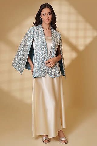Powder Blue Pure Silk Pearl Hand Embroidered Cape by Ashtar