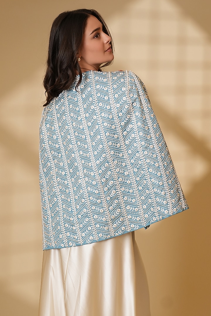 Powder Blue Pure Silk Pearl Hand Embroidered Cape by Ashtar at Pernia's Pop Up Shop