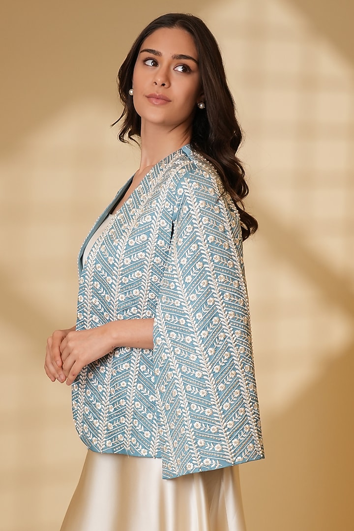 Powder Blue Pure Silk Pearl Hand Embroidered Cape by Ashtar at Pernia's Pop Up Shop