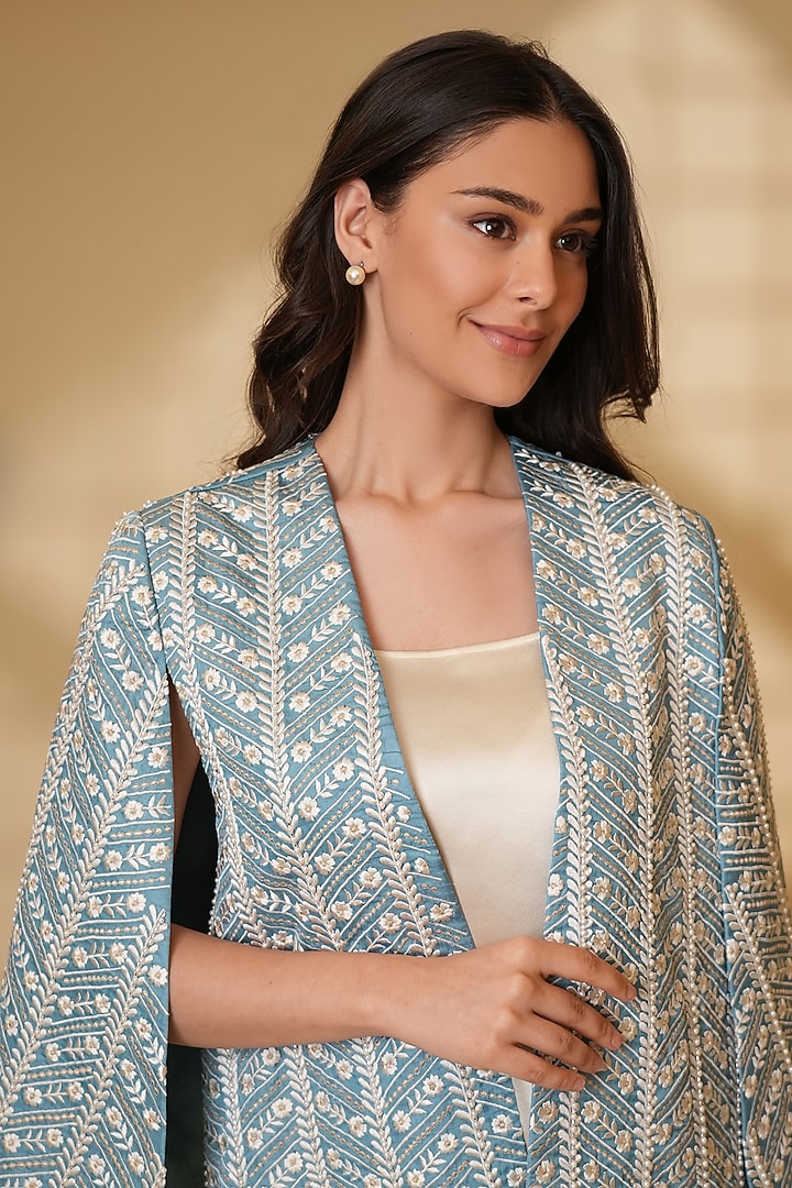 Powder Blue Pure Silk Pearl Hand Embroidered Cape by Ashtar at Pernia's Pop Up Shop