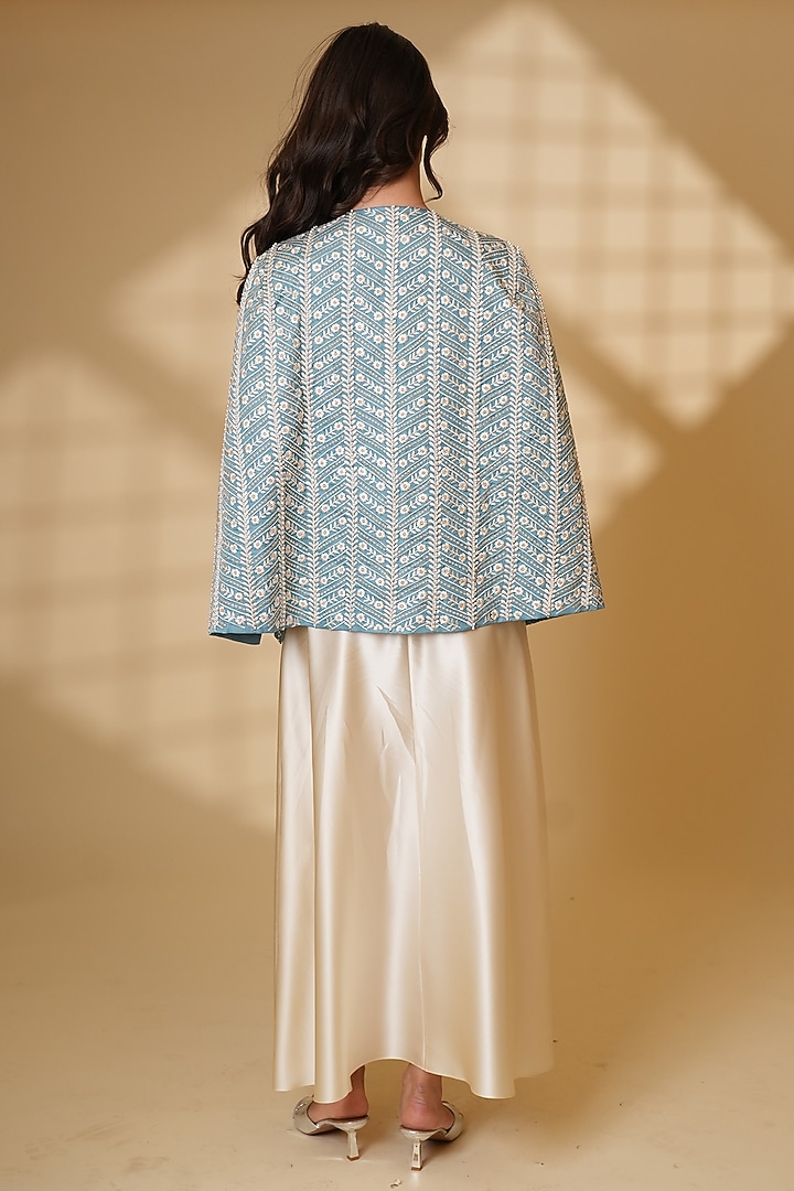 Powder Blue Pure Silk Pearl Hand Embroidered Cape by Ashtar at Pernia's Pop Up Shop