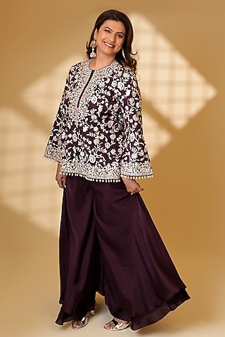 Wine Pure Silk Sharara Set by Ashtar