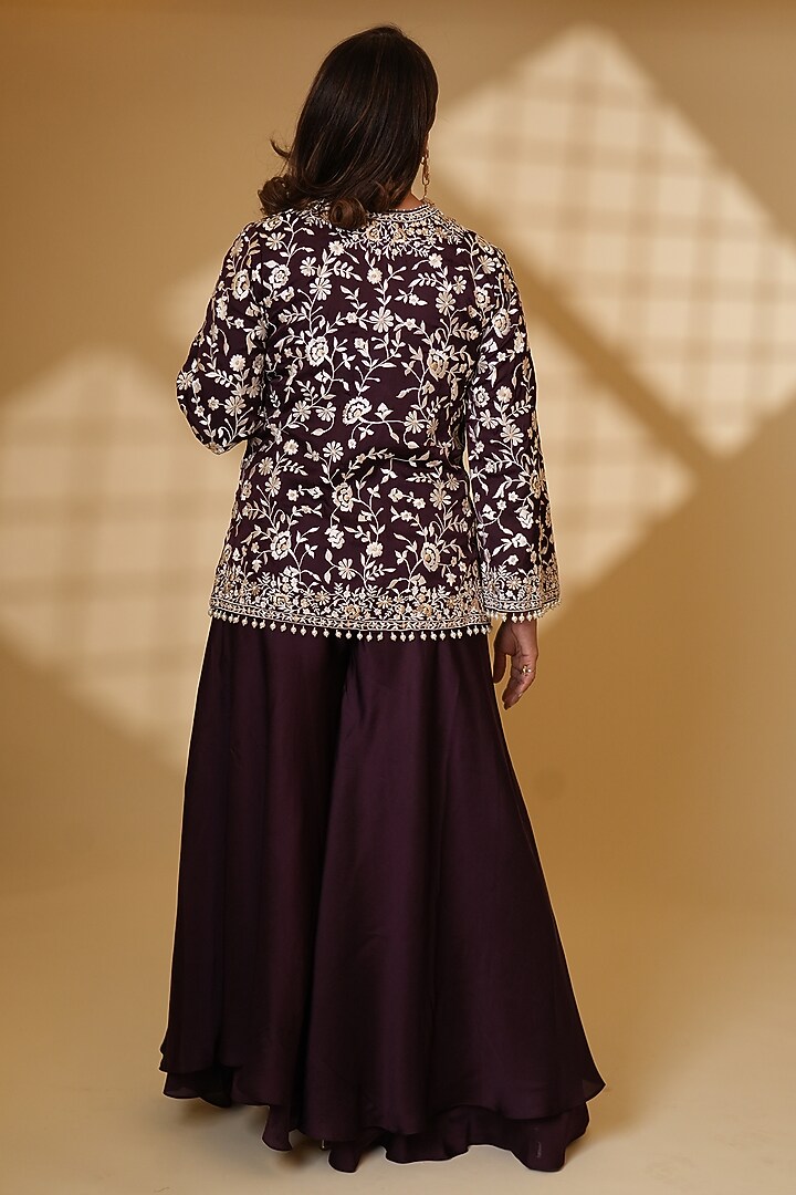 Wine Pure Silk Wedding Sharara Set by Ashtar at Pernia's Pop Up Shop