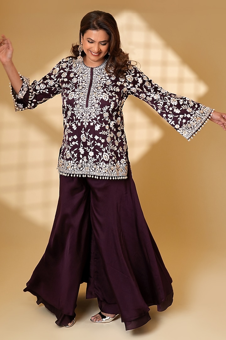Wine Pure Silk Wedding Sharara Set by Ashtar at Pernia's Pop Up Shop